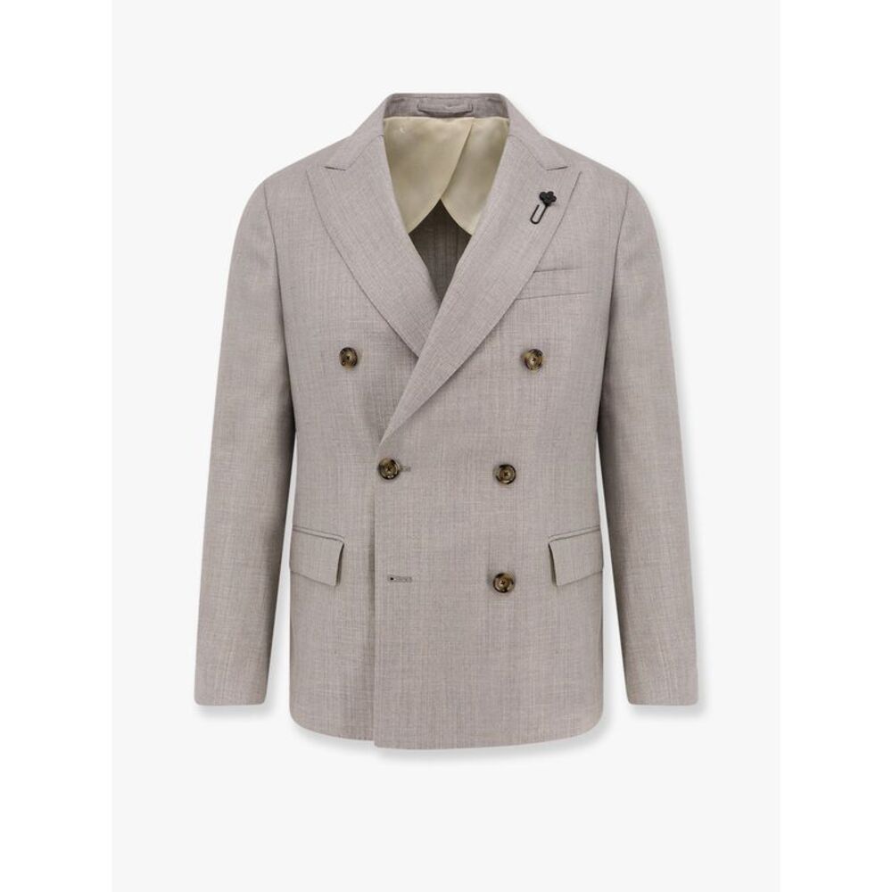 Lardini Men Double-Breasted Wool Blend Blazer With Iconic Brooch